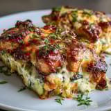 Layers of spiced chicken and zucchini rest in a golden egg-yogurt sauce, baked until bubbly.  