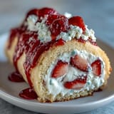 A close-up of Strawberry Shortcake Sushi Roll pieces, garnished with mint and drizzled with sweet strawberry sauce.