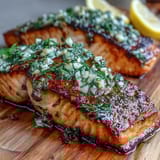 Cedar Plank Salmon with Lemon Dill, smoky and tender, served with fresh dill and lemon slices on a charred cedar plank.