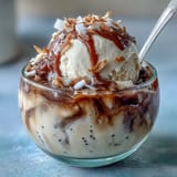 Chilled coconut cold brew coffee topped with sweet vanilla bean ice cream.