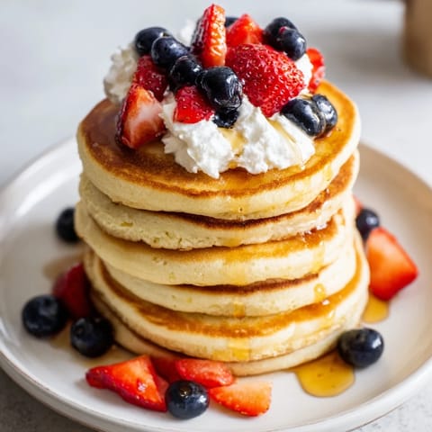 Fluffy silver dollar pancakes with fresh blueberries and whipped cream, perfect for breakfast.