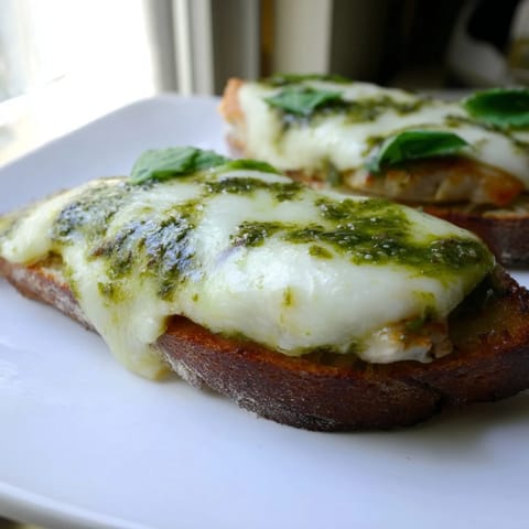 Pesto Chicken Melt sandwich on a plate with juicy grilled chicken, melted cheese, and vibrant green pesto spread.  