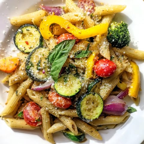 A close-up of Pasta Primavera showcases fresh basil and melted Parmesan cheese over colorful Italian vegetables in a rustic skillet, perfect for weeknight dining.
