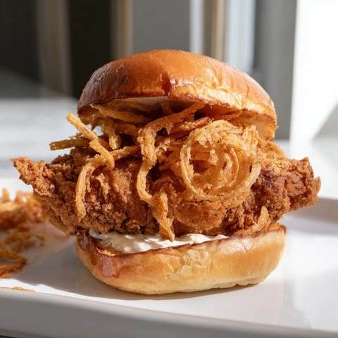 Crispy Onion Chicken Sandwich ready to serve, garnished with fresh lettuce and extra crunchy fried onions.