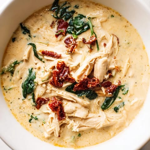 A bowl of creamy Tuscan chicken soup with shredded chicken, wilted spinach, and chopped sun-dried tomatoes in a savory herb broth.