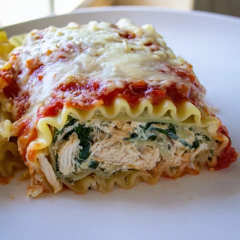 Golden-brown Chicken and Spinach Lasagna Rolls plated with fresh parsley and a side salad for a complete Italian-American dinner. 