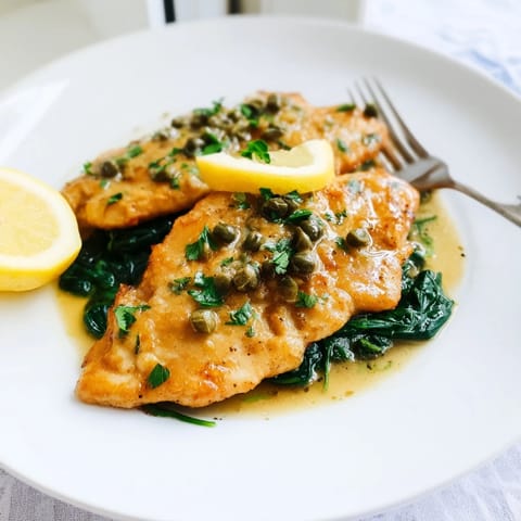 Close-up of Spinach Lemon Butter Chicken, featuring tender chicken coated in a glossy, garlicky lemon sauce with fresh parsley garnish.
