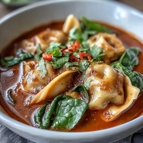 Red Curry Wonton Soup with Greens served in a deep bowl, garnished with fresh cilantro, scallions, and a lime wedge on the side.  