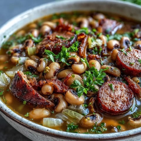 A close-up of Southern-Style Black-Eyed Peas simmering in a Dutch oven with smoky sausage and diced vegetables. 