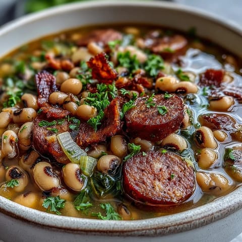 A spoonful of Southern-Style Black-Eyed Peas shows tender legumes, bacon, and Creole spices in a savory broth. 