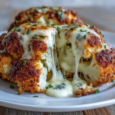 Golden-brown Cheesy Stuffed Cauliflower Head on a rustic tray, revealing a creamy, savory cheese filling inside tender florets.