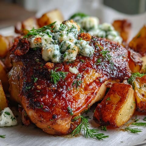 Juicy roasted chicken featuring zesty lemon and aromatic herbs, served alongside tender potatoes and fresh dill garnish.  