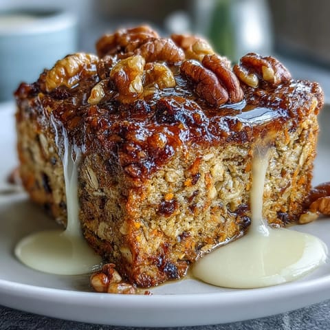 Golden-brown Carrot Cake Baked Oatmeal fresh from the oven, topped with chopped walnuts and a drizzle of maple syrup.  