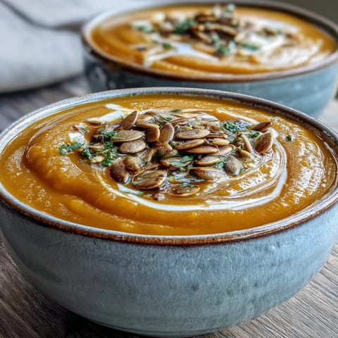 Creamy Butternut Squash and Apple Soup garnished with pumpkin seeds and thyme, served in a rustic bowl.