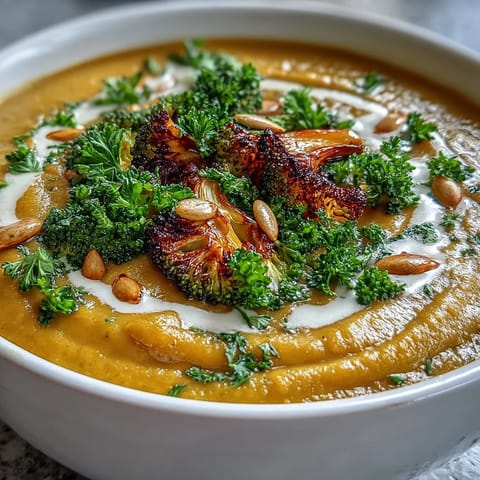 Creamy Roasted Broccoli and Butternut Squash Soup garnished with seeds, served warm in a rustic bowl.