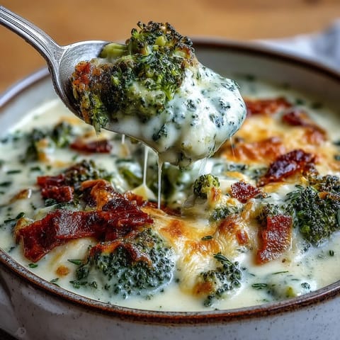 Golden roasted broccoli florets peek from a creamy bowl of Roasted Broccoli Cheddar Soup, served with crusty artisan bread.