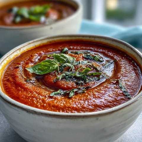 Roasted Tomato Basil Soup in a rustic ceramic bowl, garnished with fresh basil leaves and a swirl of cream.