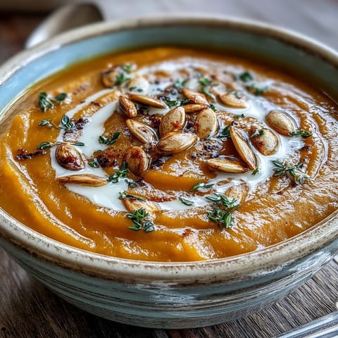 A bowl of Easy Roasted Butternut Squash Soup drizzled with heavy cream on a rustic table. 