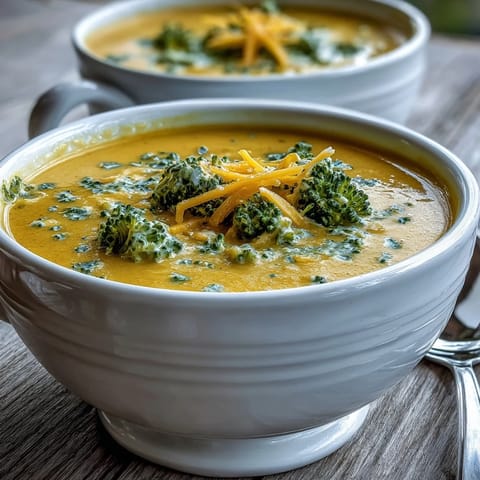 A close-up of velvety Butternut Squash Broccoli Cheddar Soup in a white bowl, topped with extra shredded cheddar.