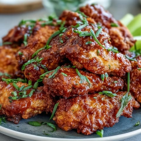 Golden-brown Fried Chicken Wings, extra crispy and seasoned, tossed in Buffalo sauce and served with ranch dip and celery sticks.