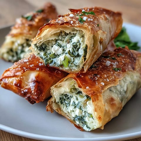 Close-up view of Spanakopita Spring Rolls showing the vibrant green spinach and feta filling peeking out from the crunchy golden crust.
