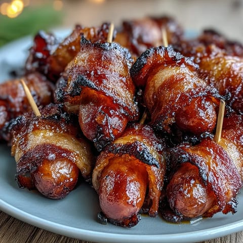 Golden crispy Bacon-Wrapped Smokies fresh from the oven with a bubbling brown sugar glaze.