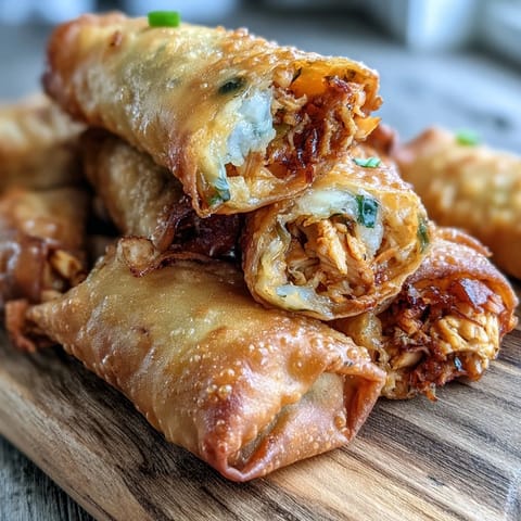 Golden-brown Buffalo Chicken Egg Rolls are stacked high, steam rising from the crispy wrappers.