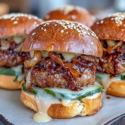 Golden-brown Touchdown Brat Sliders on a platter, topped with melted beer cheese, caramelized onions, and pickles on soft buns.