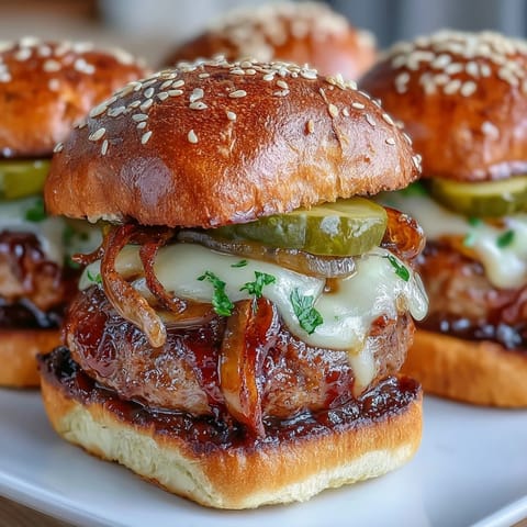 Twelve baked Touchdown Brat Sliders, juicy pork patties with gooey cheese sauce, ready for a game day party spread.
