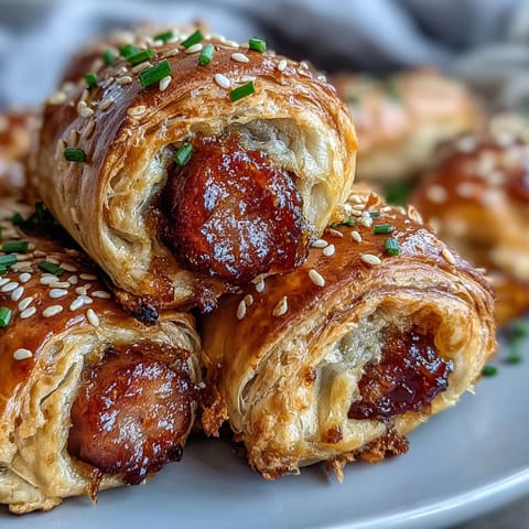 Golden-brown Pepper Jelly Hogs in a Blanket on a rustic wooden board, garnished with fresh chives.