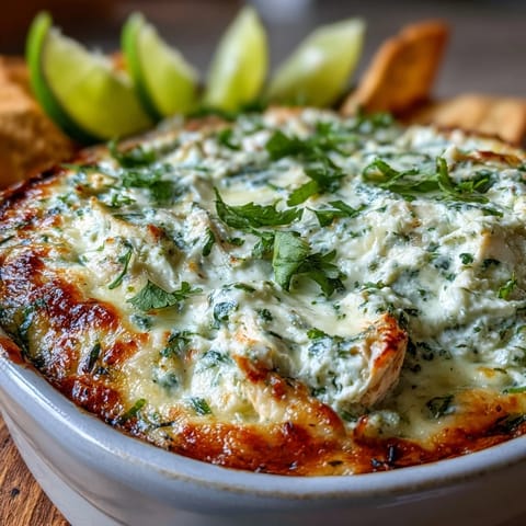 A close-up of Cilantro and Lime Chicken With Scoops dip, bubbling and served with corn tortilla scoops.