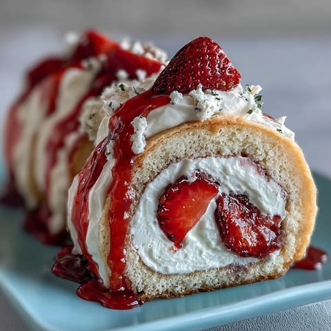 Rolled thin crepes filled with airy sponge cake, fresh strawberry slices, and fluffy whipped cream for a whimsical dessert.