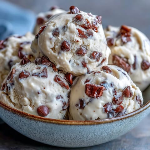 A chilled scoop of Greek Yogurt Cookie Dough with rich mini chocolate chips.