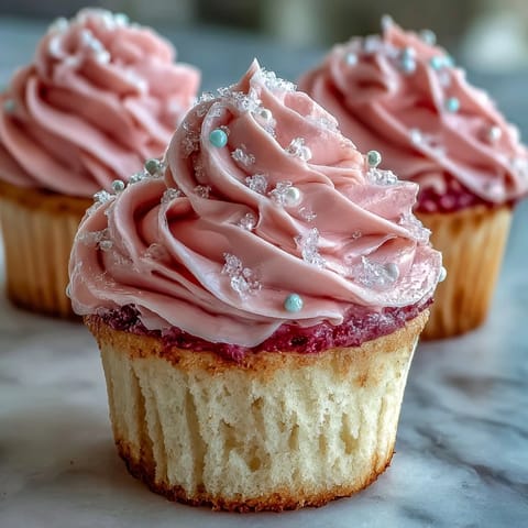 A single Pink Velvet Cupcake with vanilla buttercream frosting is swirled high and topped with pink sanding sugar, shown on a marble surface for a bakery-style presentation.