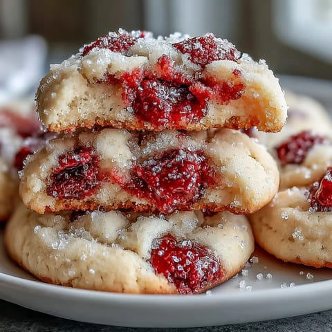 Glistening Soft Chewy Raspberry Sugar Cookies on a rustic wooden board, showing ruby fruit bits and sparkling sugar.