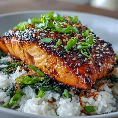 Golden-broiled Miso Glazed Salmon Bowl with caramelized edges rests on fluffy rice and bright spinach, garnished with green onions and sesame.