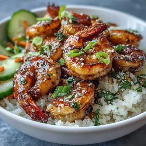 Fork-tender grilled shrimp and crisp vegetables sit atop fluffy jasmine rice in this Asian Shrimp Bowl.