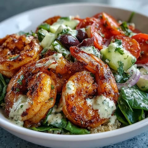 Succulent shrimp over quinoa and greens in a Mediterranean Shrimp Bowl, drizzled with creamy tahini sauce.