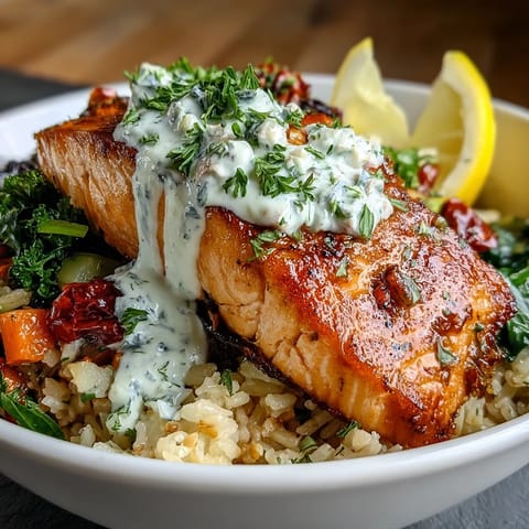 Pan-seared salmon sits atop golden crispy rice with Mediterranean vegetables and lemon-yogurt drizzle in a vibrant bowl.