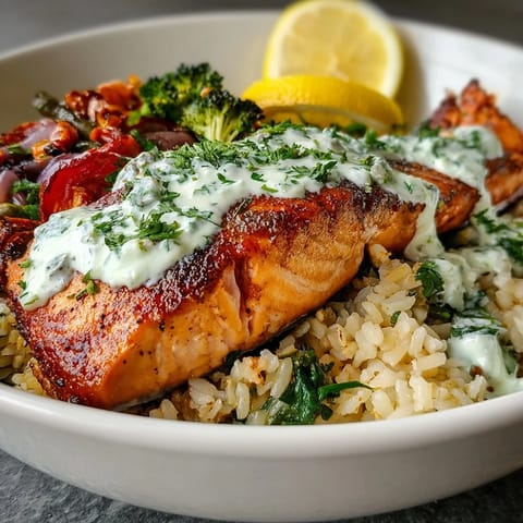 Crispy Rice Salmon Bowl garnished with fresh dill and lemon wedges, featuring golden rice, salmon, and colorful vegetables.