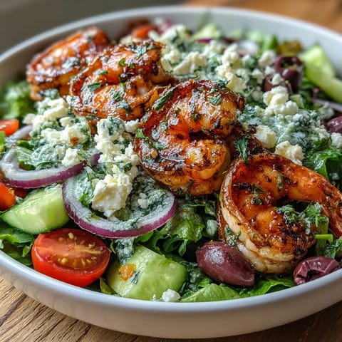 Bright Greek Shrimp Bowl with grilled shrimp, feta, cucumbers, and tomatoes, topped with lemon dressing and Kalamata olives.