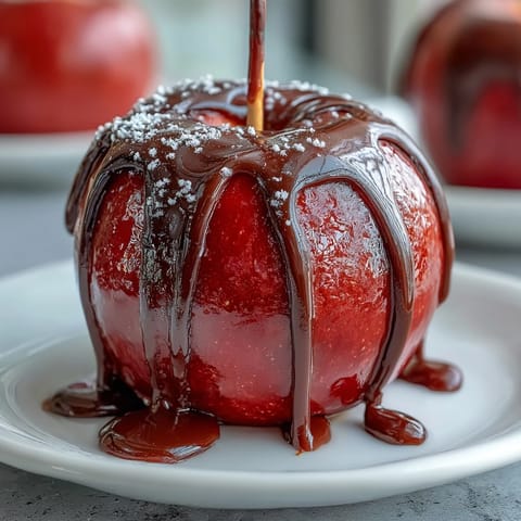 Classic Red Candy Apples with White Chocolate Drizzle gleam under soft lighting, their glossy red coating catching the eye with a smooth, vibrant sheen.