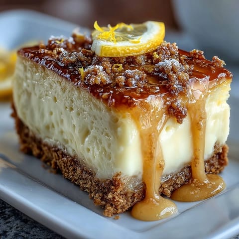 Refreshing lemon cheesecake bars infused with limoncello liqueur, featuring a crisp graham cracker base and smooth citrus filling.  