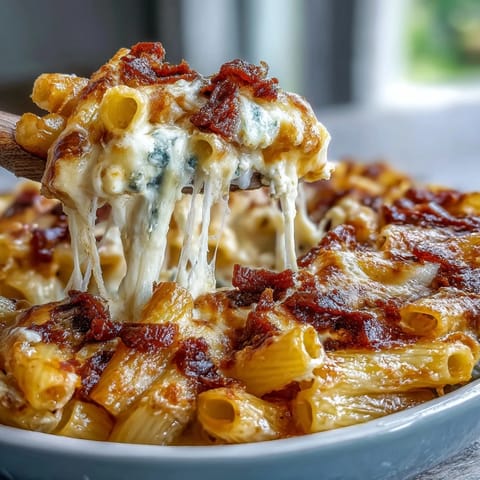 One-Pot Cheesy Pasta Bake with bubbling golden cheese and tender pasta in a rich tomato sauce.
