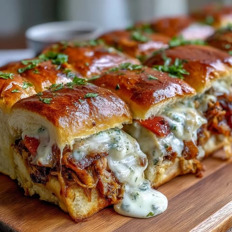 Warm sliders with turkey, bacon, and creamy Mornay sauce on soft brioche buns, garnished with fresh parsley.