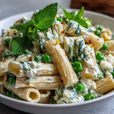 A creamy pea and ricotta pasta with mint, featuring bright green peas and fresh herbs in a light, comforting dish.