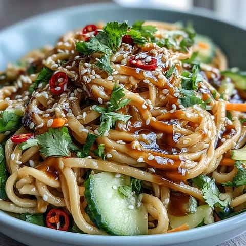 Cold Sesame Noodle Bowl with Cucumber: chilled wheat noodles tossed in creamy sesame sauce, topped with crisp cucumber and carrots. Refreshing summer dish.