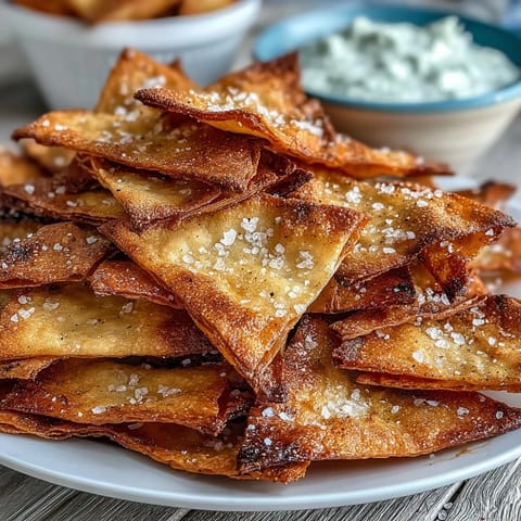Homemade pita chips with tzatziki — golden, crispy triangles paired with a cool, creamy yogurt dip.