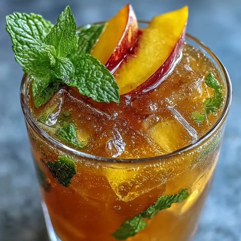 Mango Peach Sparkling Tea in tall glasses with fresh mint, ripe peach slices, and mango chunks, perfect for a sunny summer day.