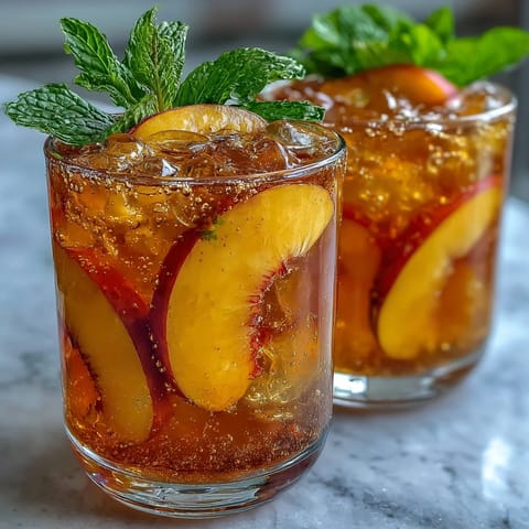 A pitcher of vibrant Mango Peach Sparkling Tea with ice, garnished with mint and sliced fruit, refreshing and naturally sweet.